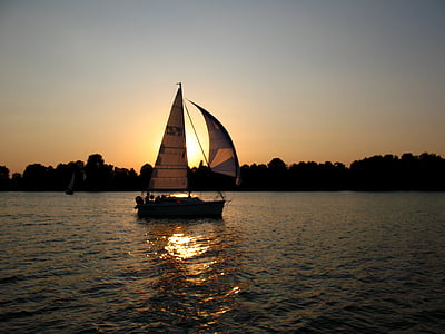 Masuria, perahu layar, Danau, matahari terbenam, pemandangan, perahu