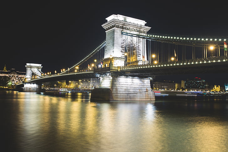 мост, светлини, нощ, река, висящ мост, Известният място, мост - човече структура