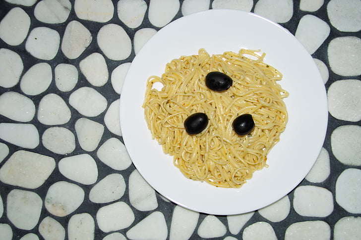pasta, oliven, plate, mosaikk, elven rock, hvit, svart