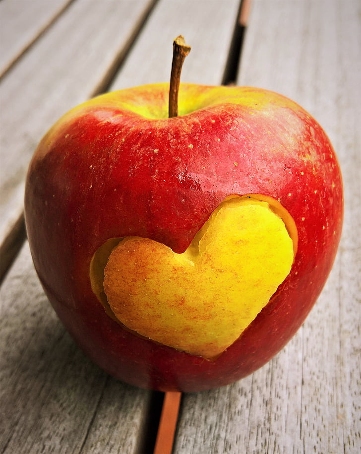 яблоко, сердце, фрукты, Braeburn, съесть, красный, желтый