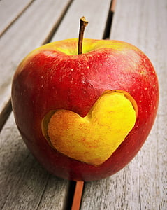 Apple, corazón, fruta, Braeburn, comer, rojo, amarillo