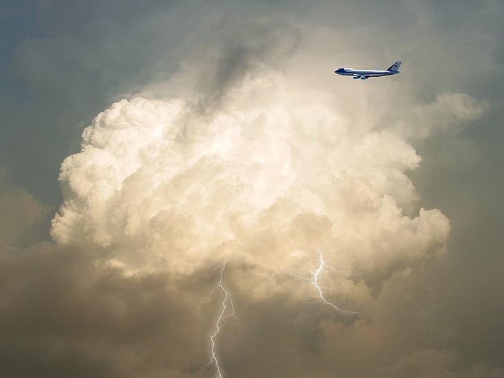 airplane, clouds, lightning, aircraft, flight, flying, cloud - sky