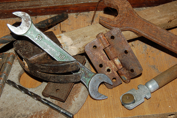 metalu, klucze, narzędzia, stary, garaż, stół, rdza