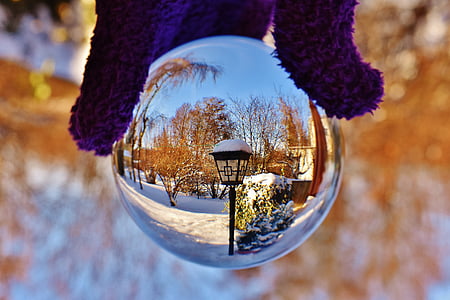 glass ball, transparent, lantern, mirroring, glass, winter, snow