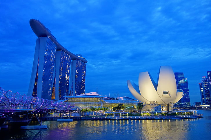 Ночная точка зрения, Отель, Казино, Вечер, Архитектура, Марина-Бэй, Сингапур