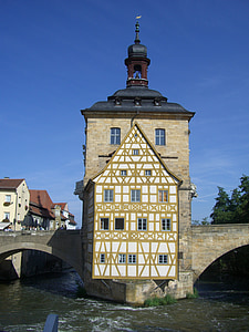 městská radnice, staré, budova, rottmeister Chalupa, fachwerkhaus, oblouk, Regnitz