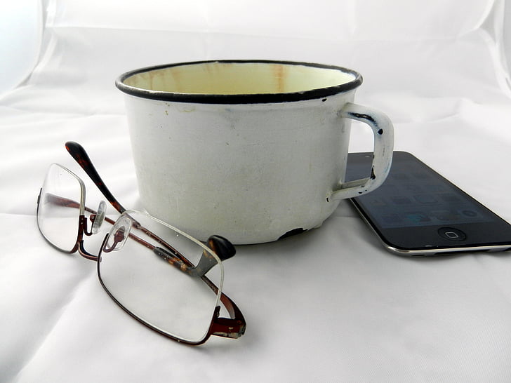 Cup, solglasögon, telefon, frukost, mobiltelefon