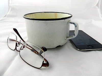 컵, 선글라스, 전화, 아침 식사, 휴대 전화