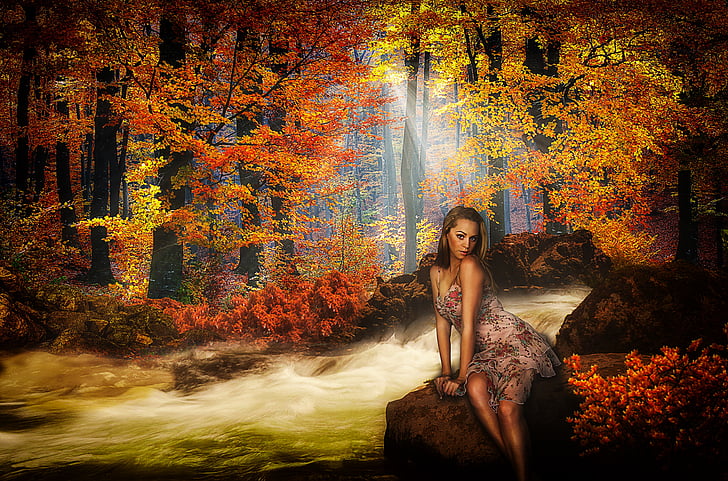 foresta, modello, fiume, natura, ragazza, autunno