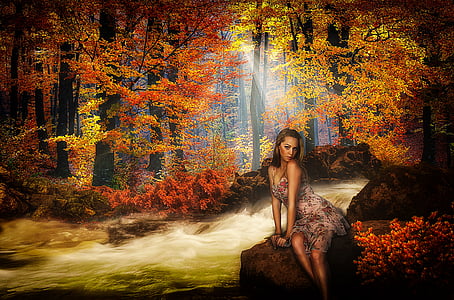 hutan, model, Sungai, alam, Gadis, musim gugur