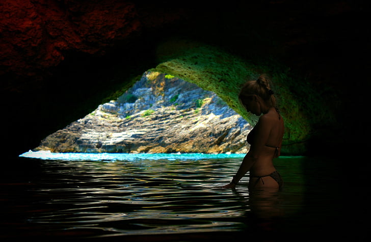 Grotta, oceano, Grotta, acqua, roccia, paesaggio, donna