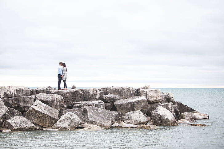couple, nature, ocean, people, rocks, sea, sky
