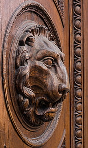 Liūtas, galva, medienos, durys, tikslas, paveikslas, liūto galva
