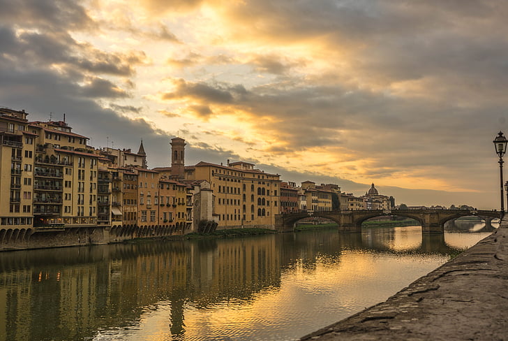 Florencie, Itálie, Západ slunce, reflexe, Evropa, Architektura, město