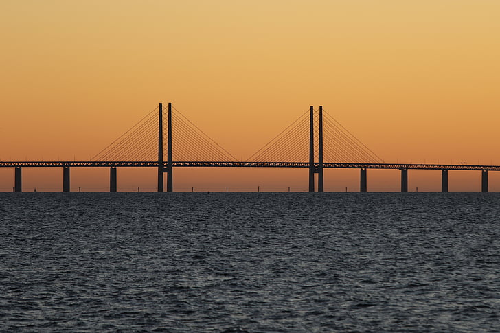 bridge, ocean, sea, silhouette, sky, sunrise, sunset