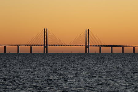bridge, ocean, sea, silhouette, sky, sunrise, sunset