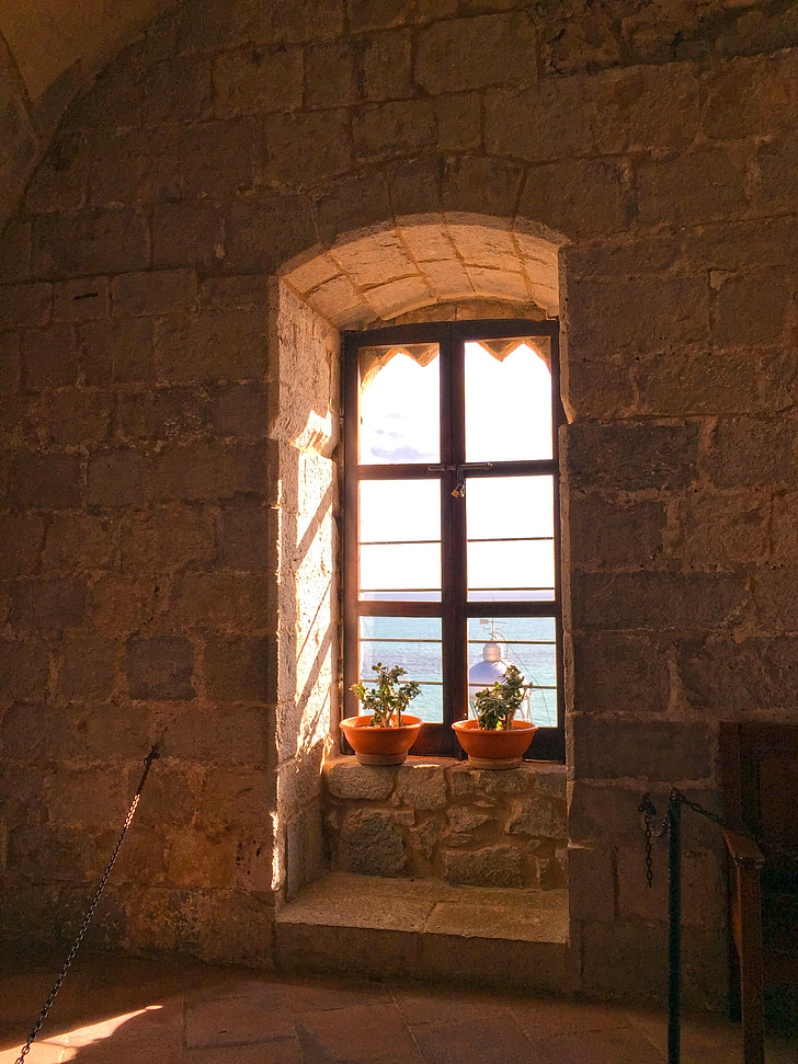okno, grad, steno, morje, pogled, arhitektura, stari