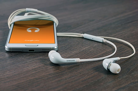 App, earbuds, auriculars, Google reproduir música, auriculars, escoltar, telèfon mòbil
