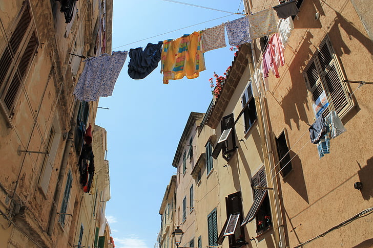 Italien, Alghero, tvätt, gamla, himmel, byggnad, berättelse