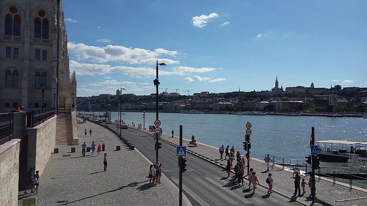město, řeka, promenáda, Budapešť, ulice, pohled, Dunaj