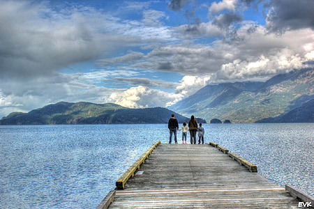 family, excursion, trip, dock, water, blue, mountains