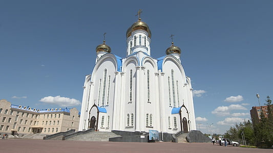 Kazachstán, Almaty, Ruština, ortodoxní, kostel, Kazaština, modrá