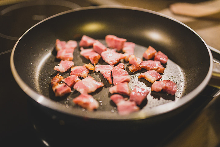 bacon, pan, cooking, kitchen, food, meat, fried
