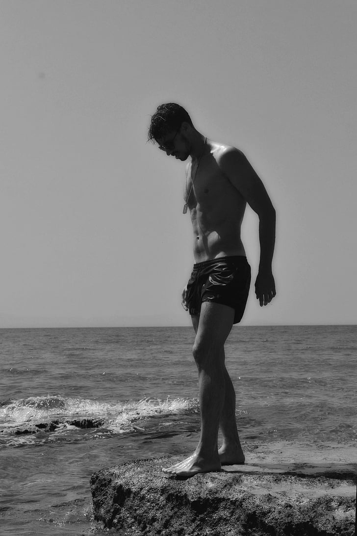 vīrietis, pludmale, ūdens, akmeņi, shirtless, muskuļu, vīrietis