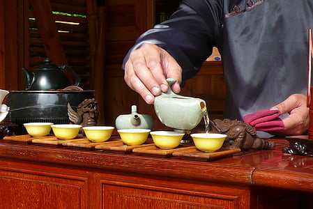 man, hands, tea, cups, pouring, porcelain, kettle