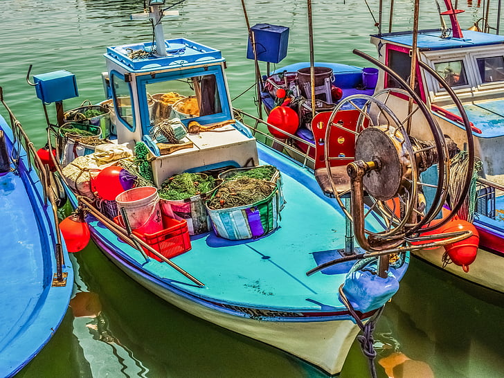 brod, tradicionalni, luka, ribarski brod, oprema za ribolov, mediteranska, Ayia napa