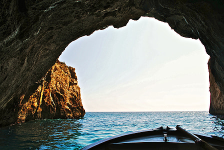 arch, rocks, cliffs, boat, water, ocean, sea