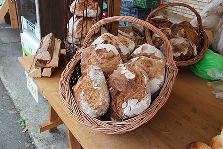 pan, panadería, fresco, cesta, mercado, alimento entero, alimentos