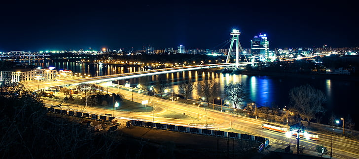 Bratislava, tilts, vakarā, NLO, Slovākija, naktī, tilts - vīrs lika struktūra