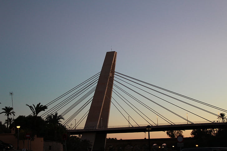 bridge, river, sunset