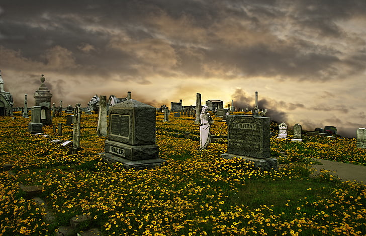 kirkegården, kirkegården, gravsteiner, Gravstener, Tombstones, solnedgang, Twilight