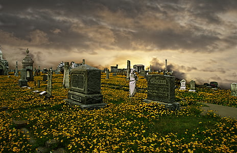 cemetery, graveyard, gravestones, headstones, tombstones, sunset, twilight
