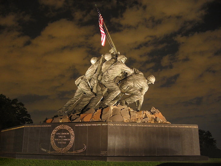 US marines war memorial, éjszaka, Iwo jima, Amerikai, katonai, emlékmű, hazafias