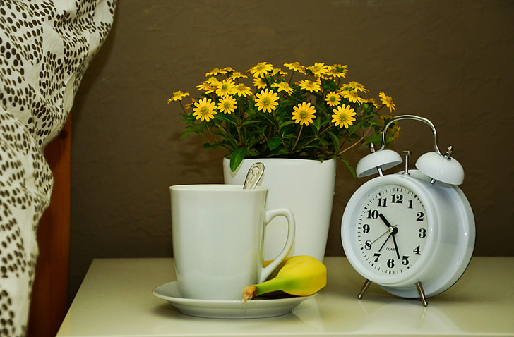 cup, bed, flowers, recovery, ill, alarm clock, get well soon