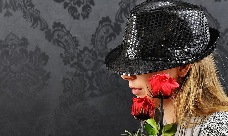 mulher, chapéu, rosas, misterioso, moda, vestuário, na moda