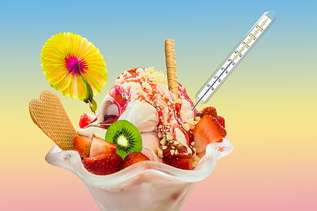 eat, ice, ice cream sundae, ice cream, cold, fruit, strawberries