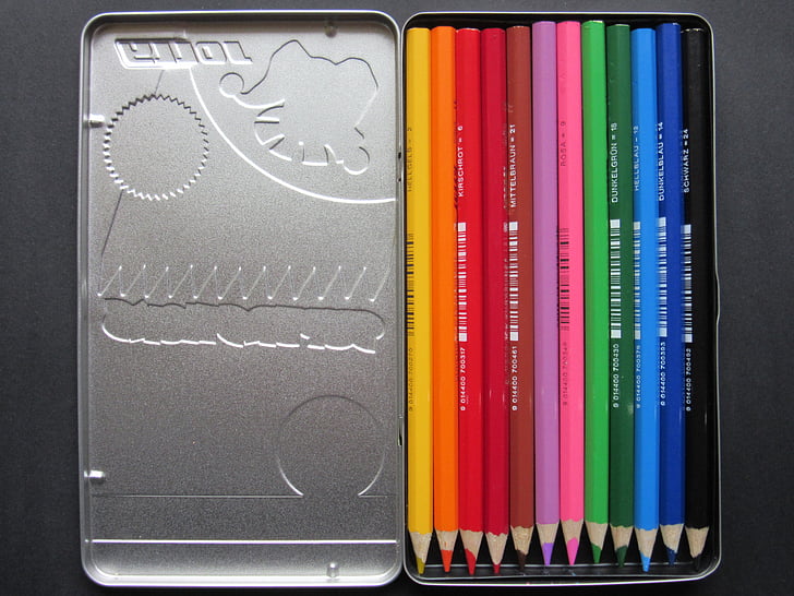 lápices de colores, caja de metal de hoja, Color, colorido