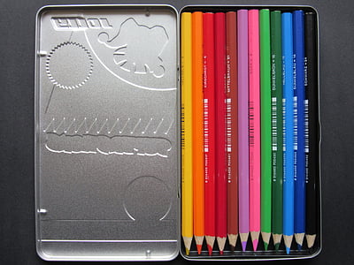 crayons de couleur, boîte de métal en feuille, Couleur, coloré