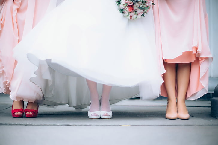pernikahan, Pengantin, karangan bunga, pengiring pengantin gaun, gaun putih, muda, Sepatu