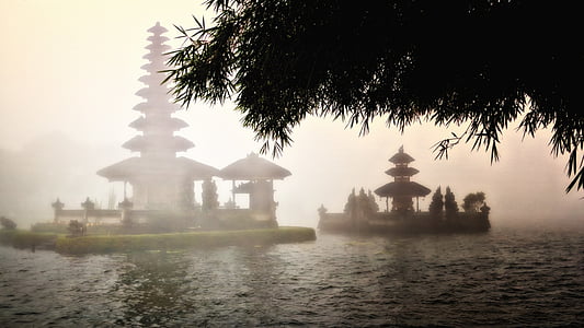 Bali, resor, templet, dimma, sjön, Holiday