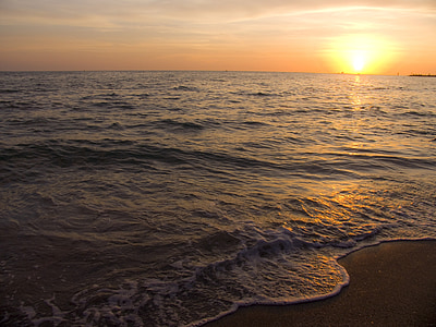 solnedgång, havet, lugnt hav
