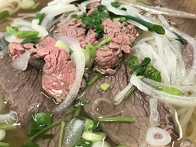 comida vietnamita, Pho, carne de res, albahaca, Close-up, alimentos, gourmet