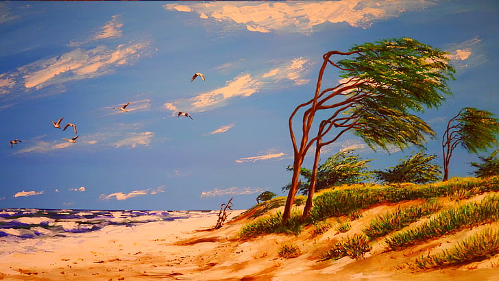 lukisan, akrilik, tepi laut, Pantai, air, burung camar, baumflüchter