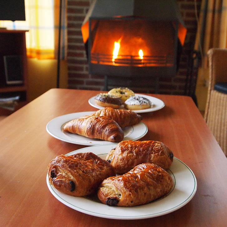 おいしい, 朝食, サンドイッチ, 居心地の良い, 暖炉, 火, テーブル