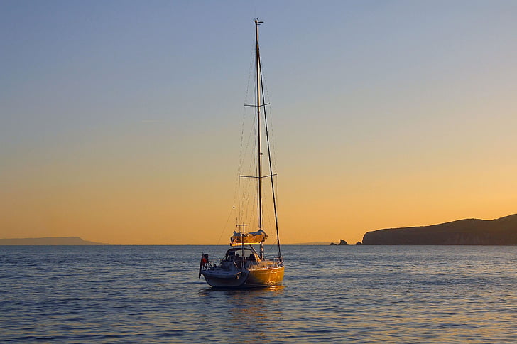 Sonnenuntergang, Yacht, Bucht, Ozean, Dorset, England, Meer