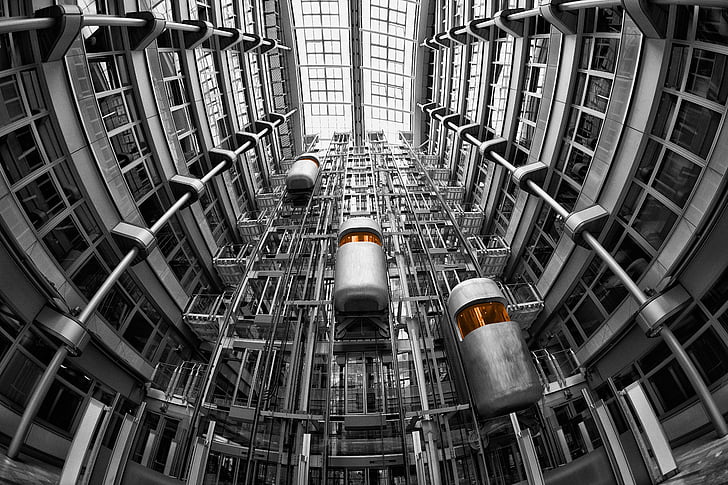 lifts, architecture, ludwig erhard haus, interior, berlin, color key, pipe - tube